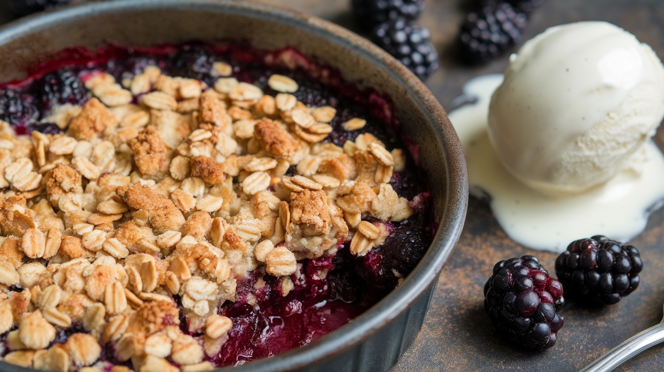 A warm vegan blackberry crisp with a golden oat topping, served with dairy-free ice cream, surrounded by fresh blackberries.