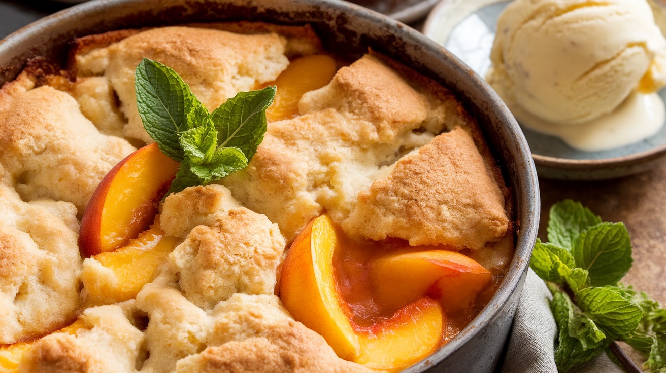 Vegan peach cobbler in a rustic dish, with peach slices and golden topping, accompanied by a scoop of dairy-free ice cream.