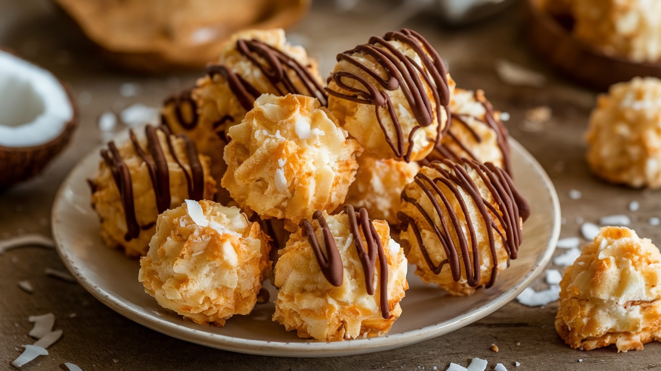 Vegan coconut macaroons on a plate, some drizzled with dark chocolate, against a rustic wooden background.