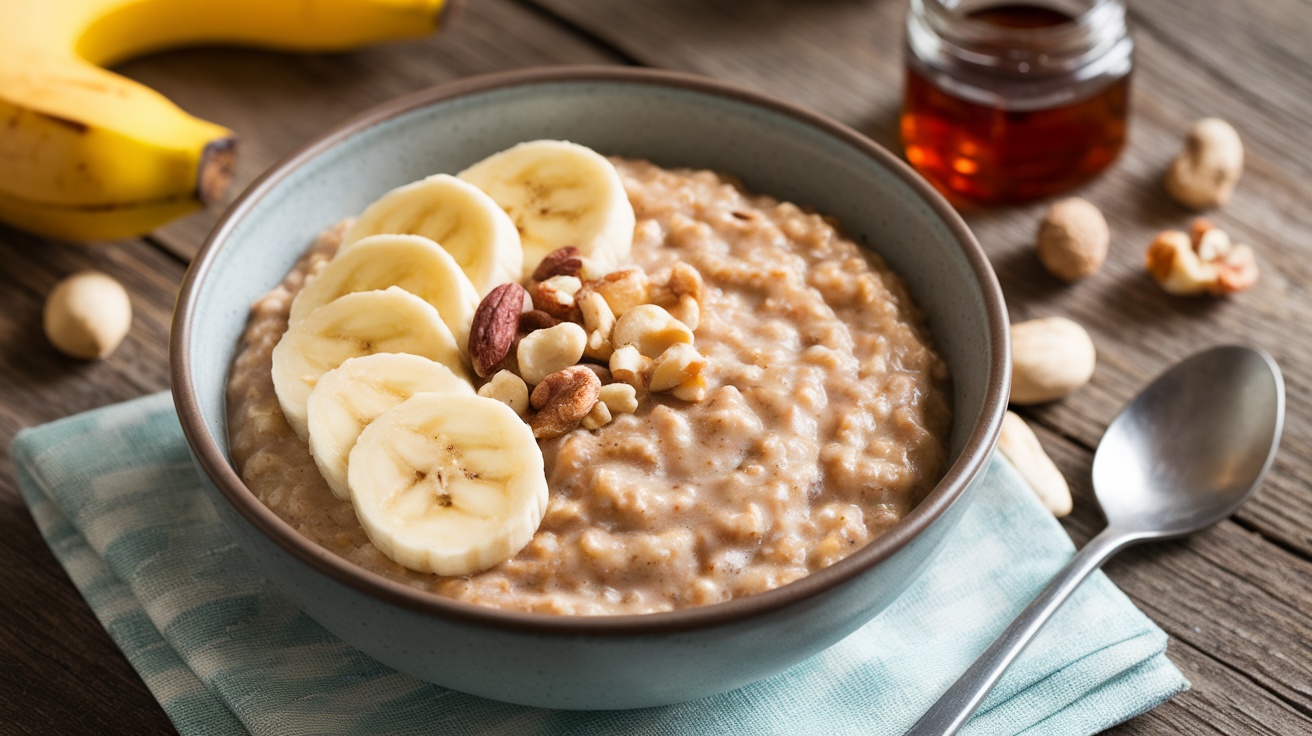 A bowl of vegan oatmeal with bananas and nuts on a rustic table.