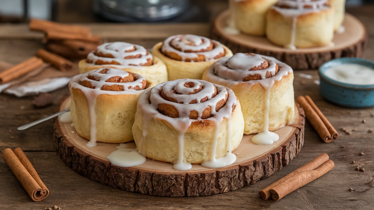 Freshly baked vegan cinnamon rolls drizzled with icing on a rustic table.