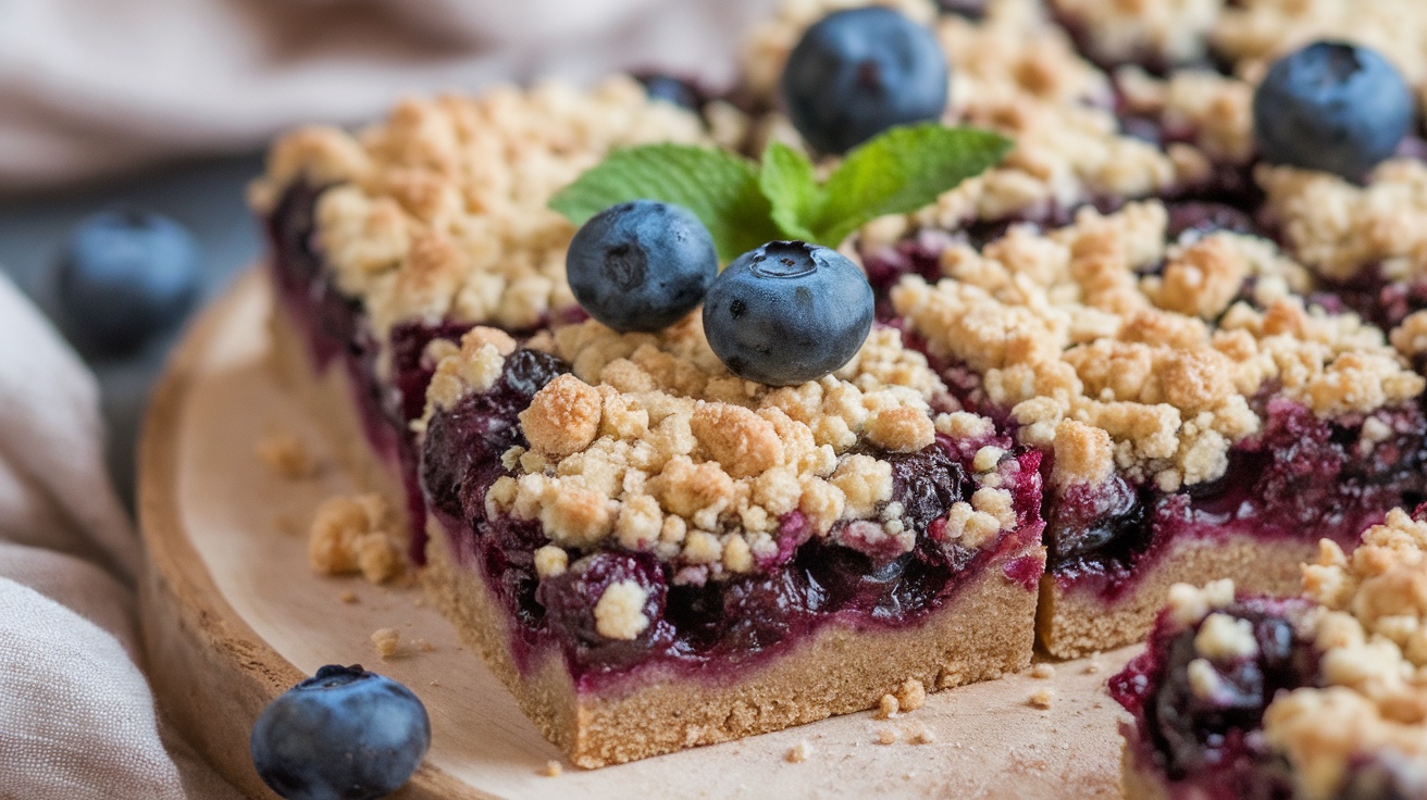 Vegan Blueberry Crumble Bars with golden topping and blueberries, served on a wooden board.