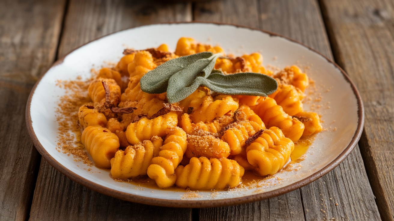 Vegan pumpkin gnocchi served with crispy sage and a sprinkle of nutritional yeast on a rustic plate.