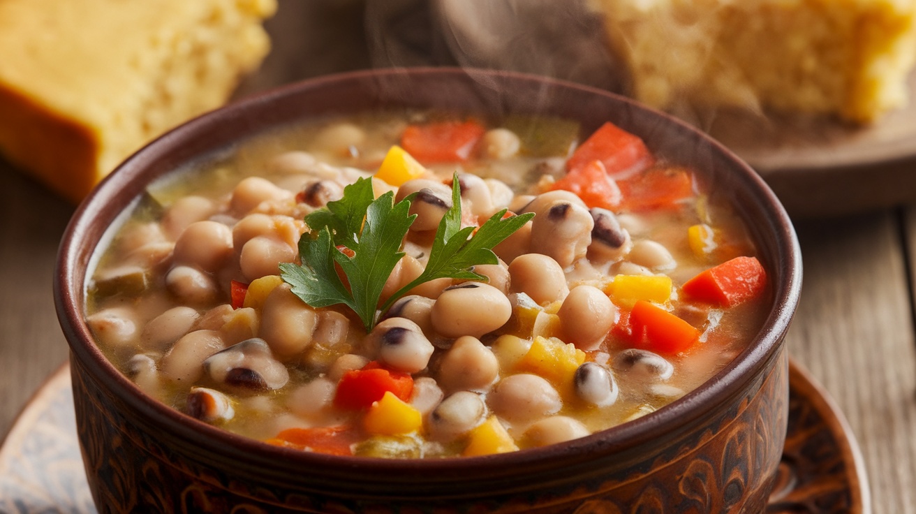 A hearty bowl of Southern Black-Eyed Pea Soup with black-eyed peas and vegetables, garnished with parsley, on a rustic table with cornbread.