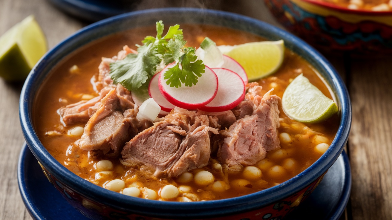 A bowl of Pork and Hominy Posole with cilantro, radishes, lime wedges, showcasing a rich broth and tender pork.