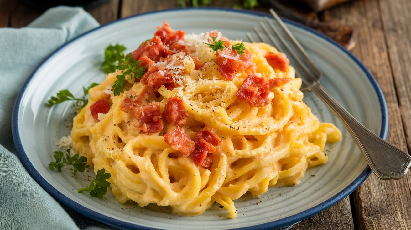 Gluten-free spaghetti squash carbonara served in a bowl, garnished with parsley and Parmesan cheese.