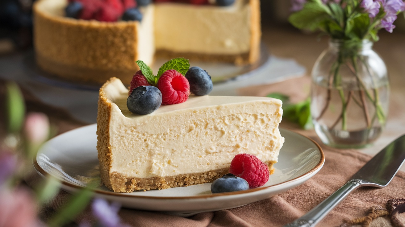 A slice of rich vegan cheesecake topped with berries and mint on a rustic wooden table.