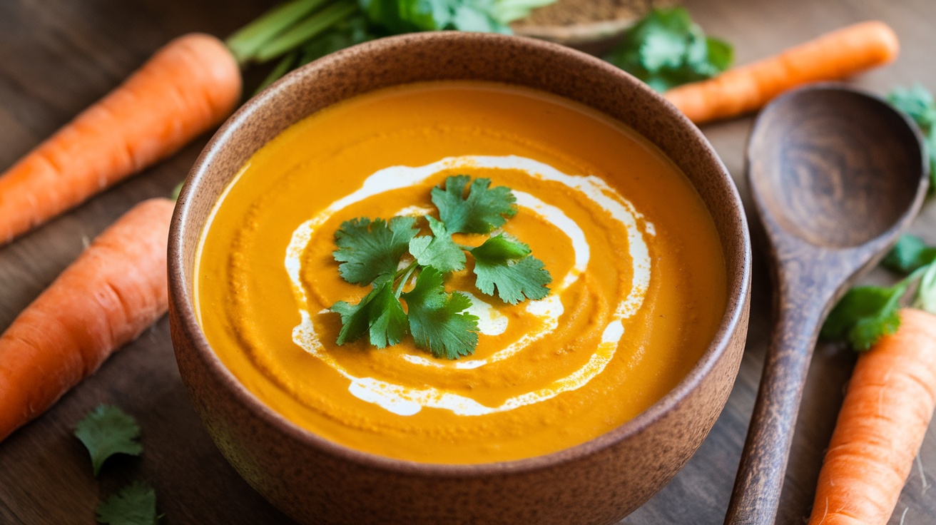 Golden Turmeric and Carrot Soup garnished with cilantro and coconut milk, with carrot slices on the side.