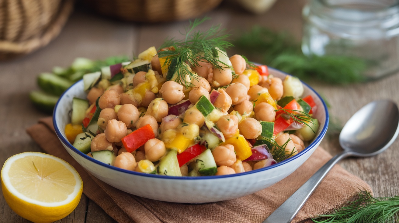 A colorful vegan chickpea salad with cucumbers and bell peppers, garnished with dill and lemon, on a wooden table.