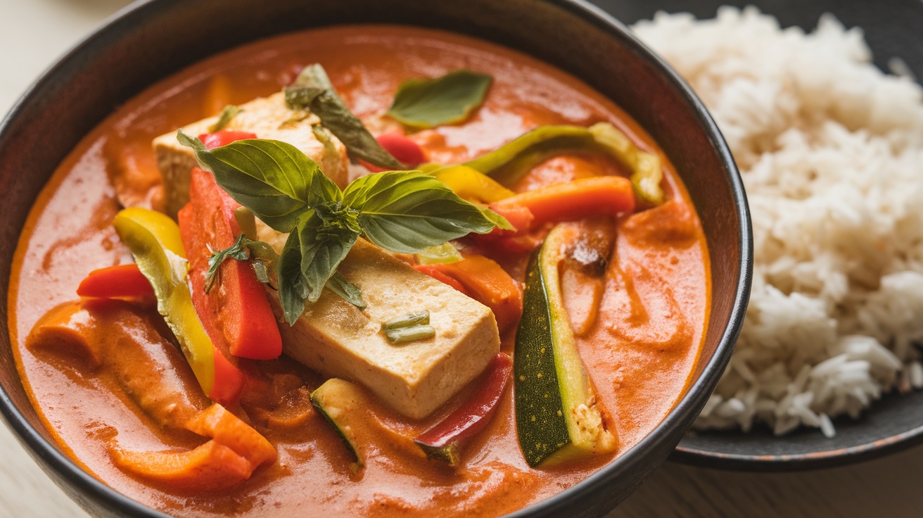 A bowl of Thai Red Curry with Tofu and vegetables, garnished with basil and served with rice.