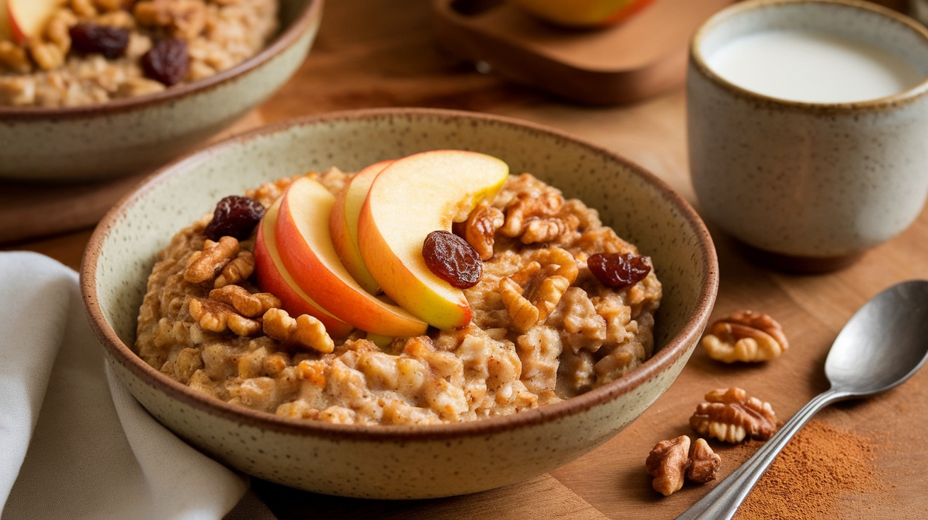 Baked oatmeal with cinnamon apples and walnuts in a rustic bowl, served with almond milk on a wooden table.