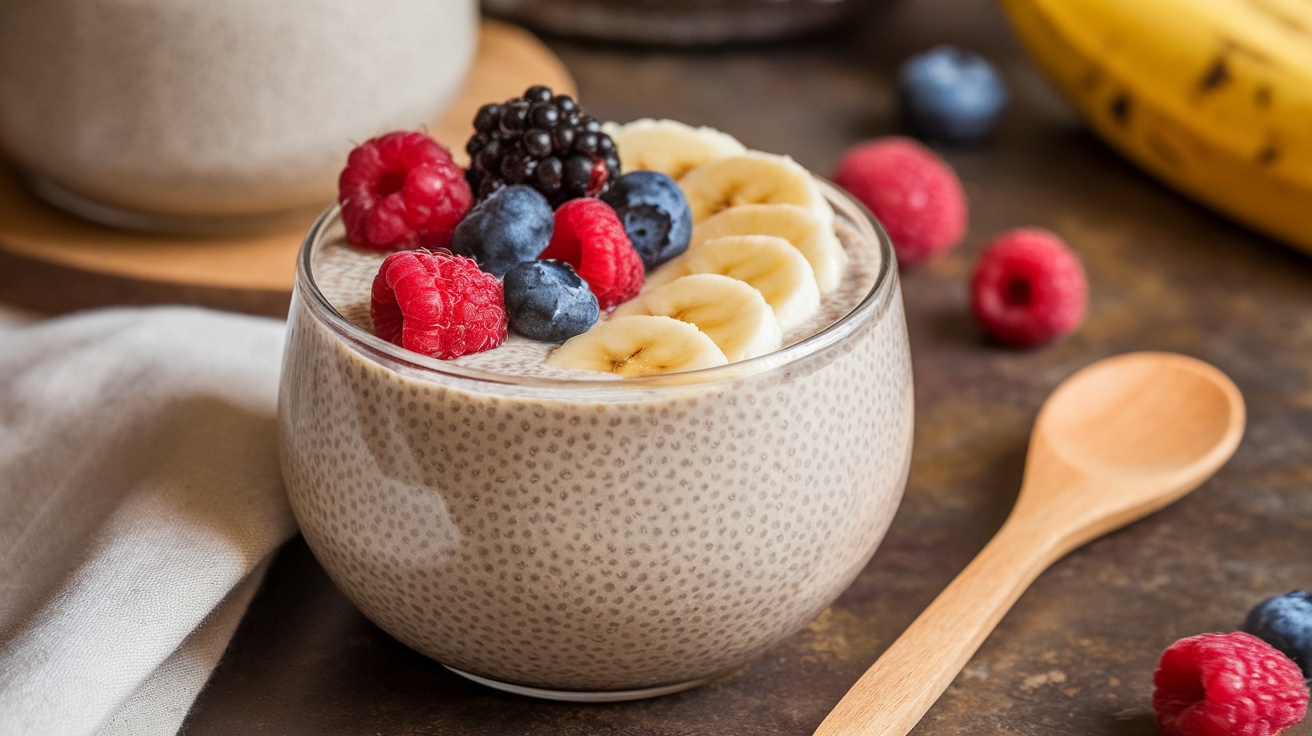 Vegan chia pudding with berries and banana slices on a rustic table.