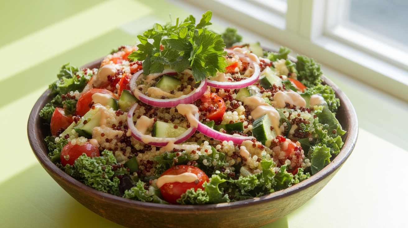 A nourishing vegan kale and quinoa salad with cherry tomatoes, cucumber, and red onion in a rustic bowl.