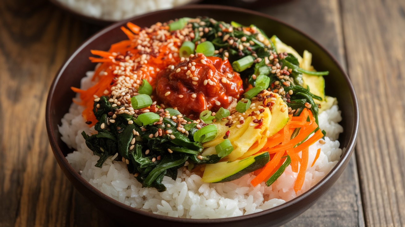 A colorful Vegan Korean Bibimbap bowl filled with rice, sautéed vegetables, tofu, and garnished with sesame seeds and gochujang.