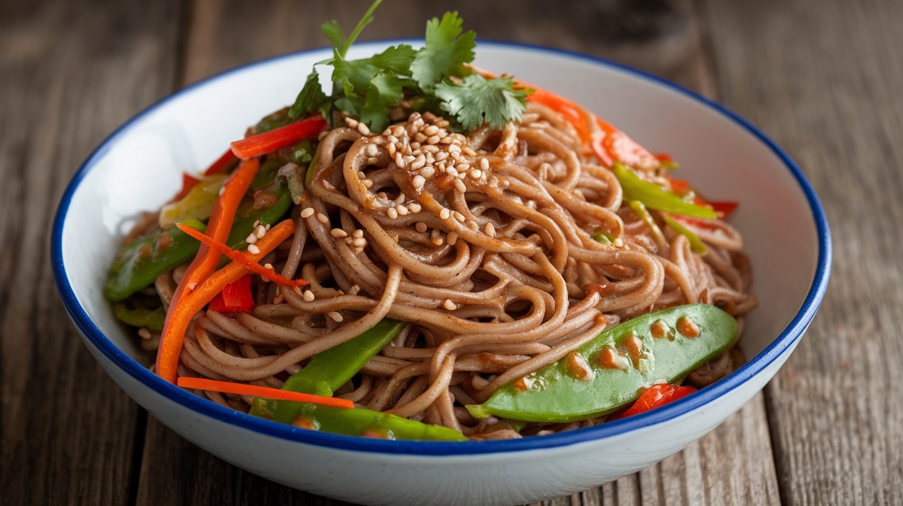 A Vegan Soba Noodle Bowl with soba noodles, carrots, bell peppers, snap peas, garnished with sesame seeds and cilantro on a wooden background.