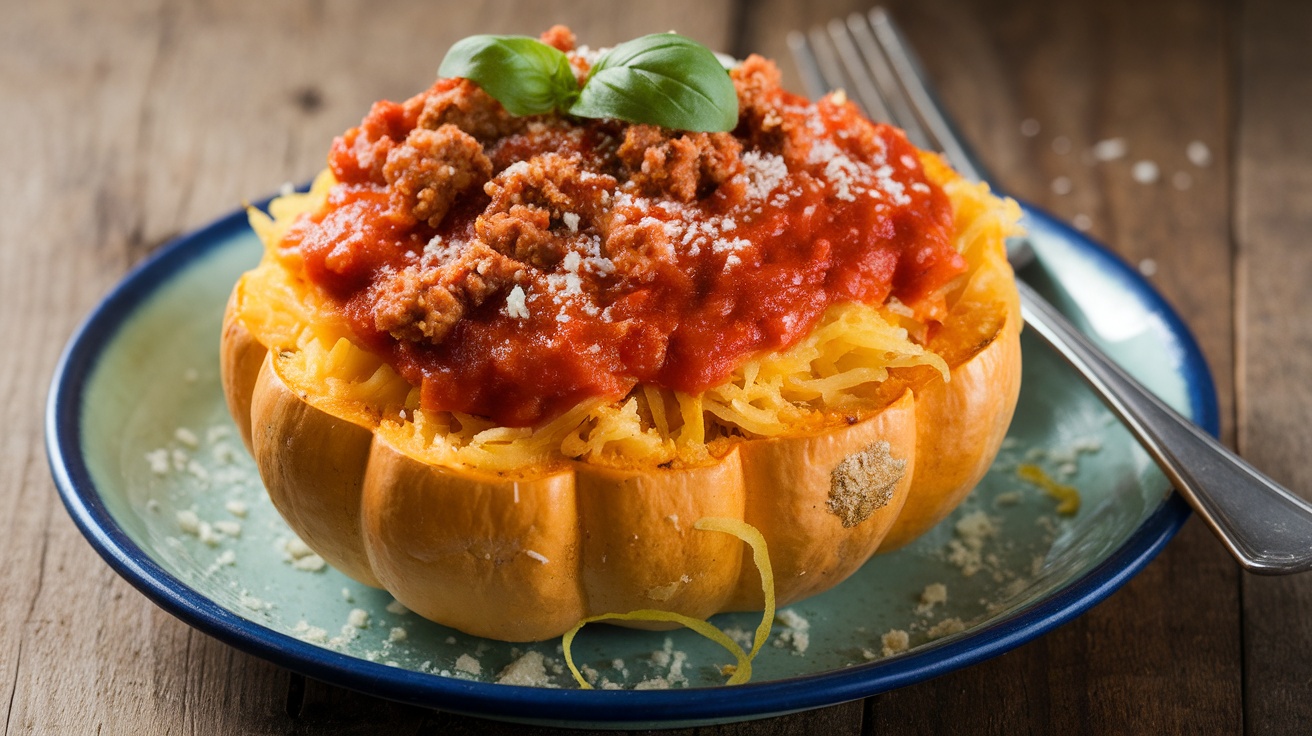 A delicious serving of spaghetti squash with marinara sauce and Italian sausage garnished with basil and Parmesan.