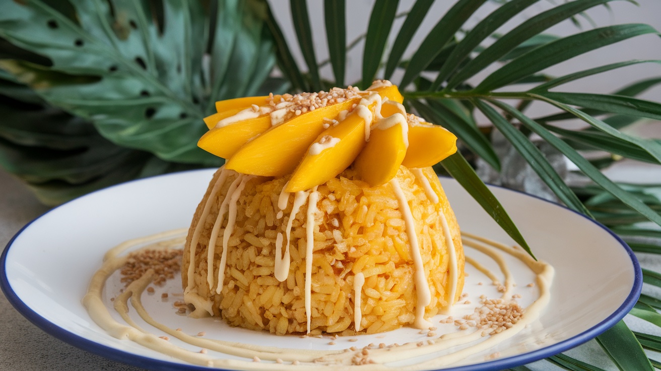 A plate of Vegan Coconut Mango Sticky Rice topped with mango and coconut sauce, garnished with sesame seeds, surrounded by tropical leaves.