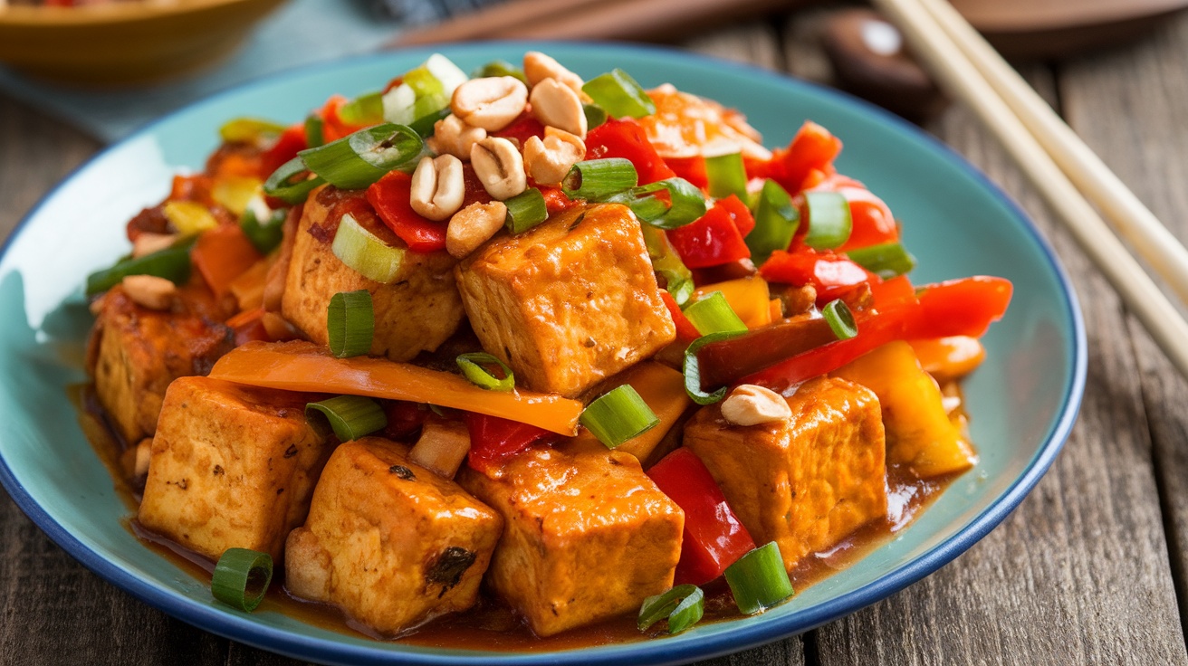 A colorful plate of Vegan Kung Pao Tofu with crispy tofu, bell peppers, peanuts, and green onions on a rustic table.