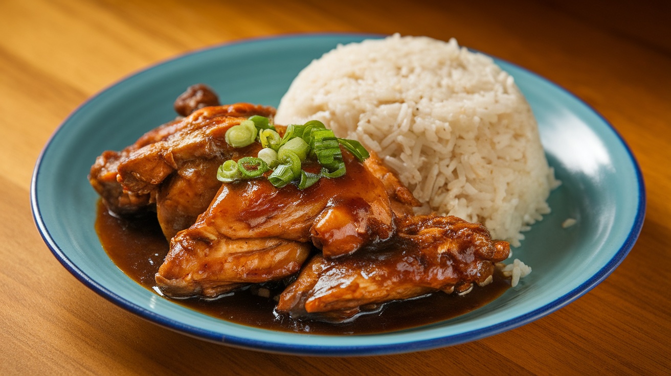 Plate of Chicken Adobo garnished with green onions, served with jasmine rice.