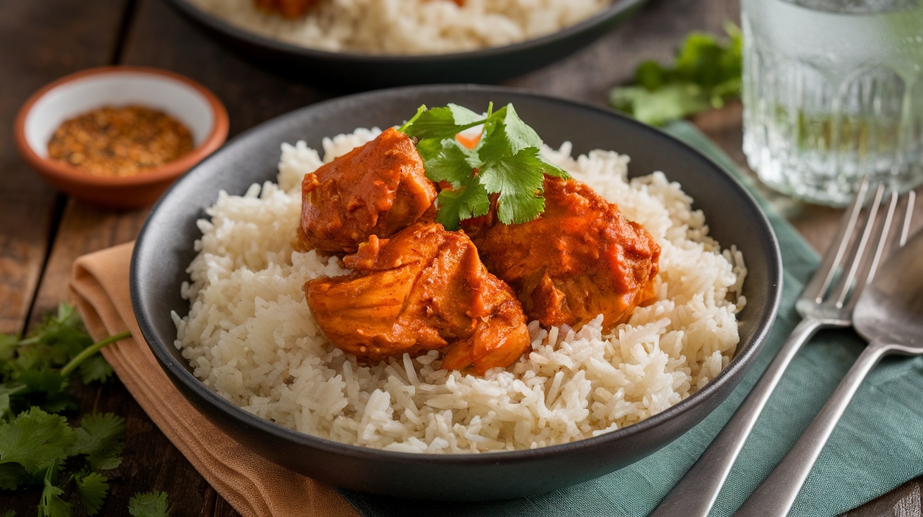 A bowl of Chicken Vindaloo with basmati rice and cilantro on a rustic table, highlighting the vibrant colors of the dish.