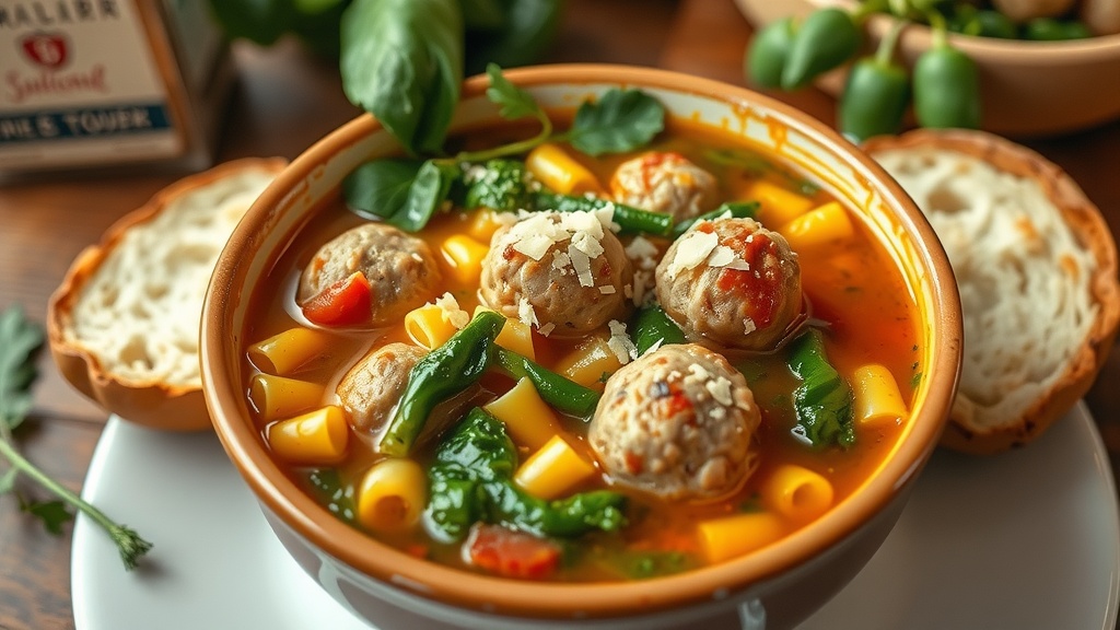 A bowl of Rustic Italian Wedding Soup with meatballs, greens, and pasta, garnished with Parmesan cheese, served with bread.