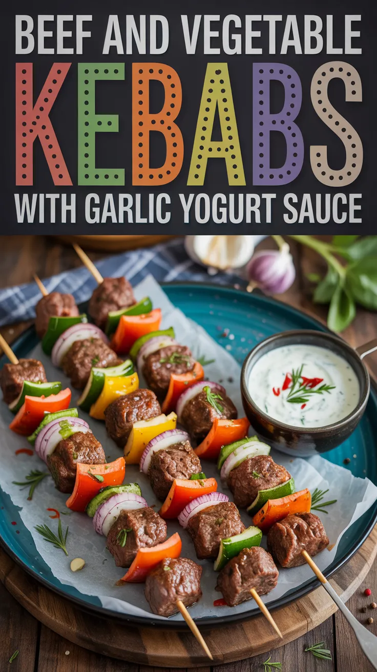 Beef and Vegetable Kebabs with Garlic Yogurt Sauce