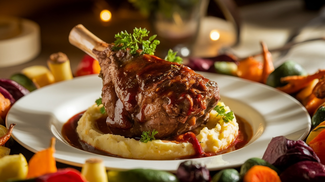 Braised lamb shanks in red wine sauce on mashed potatoes, garnished with parsley, accompanied by roasted vegetables.