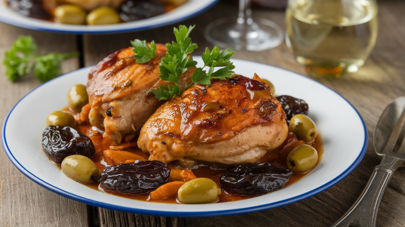 Plate of chicken marbella with prunes and olives, garnished with parsley, served with a glass of white wine.