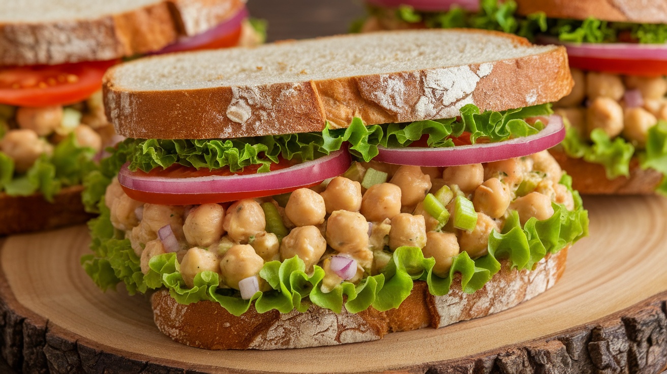 Vegan chickpea salad sandwich with lettuce and tomato on whole-grain bread against a wooden backdrop.