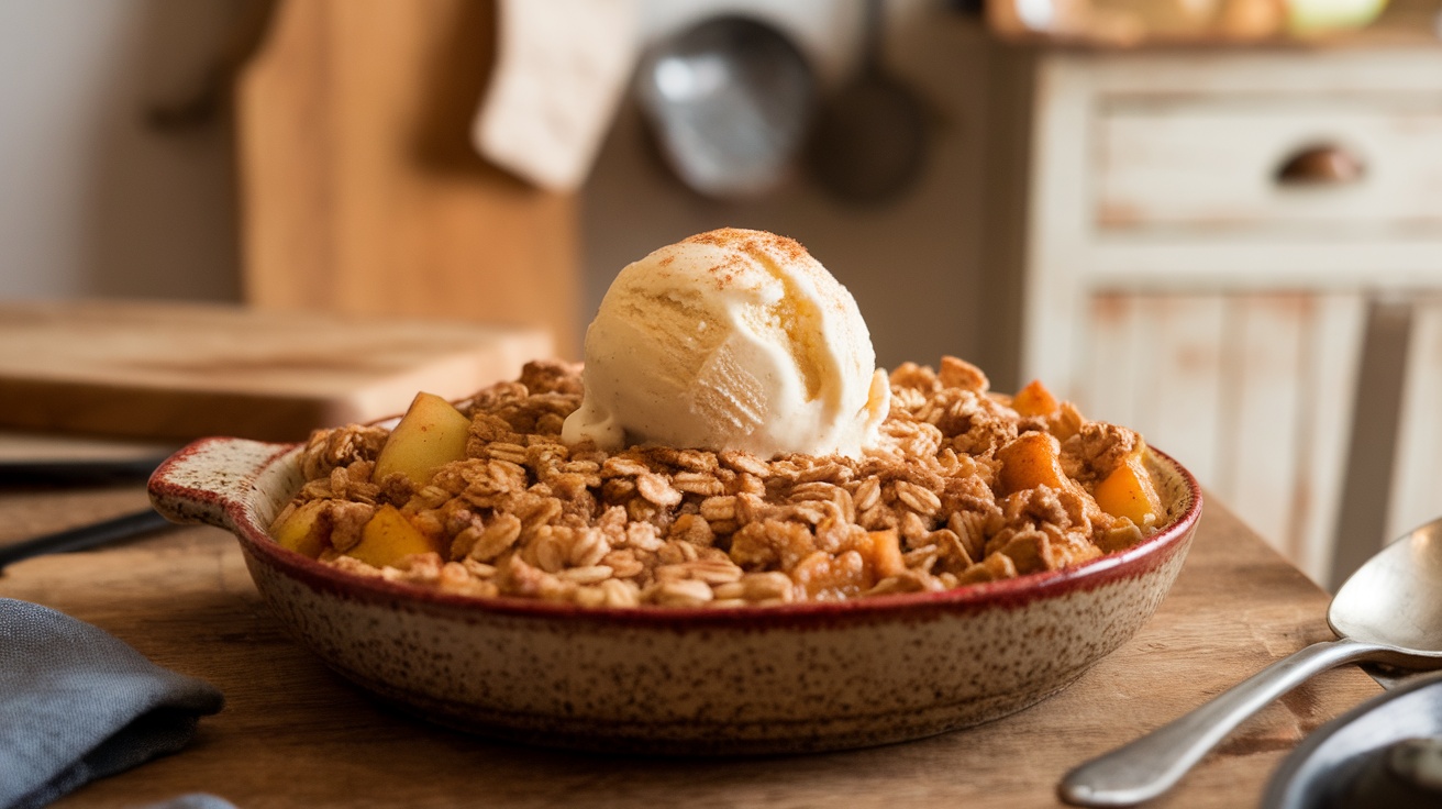 A bowl of vegan apple crisp with a crunchy oat topping, served with vegan ice cream, in a cozy kitchen setting.