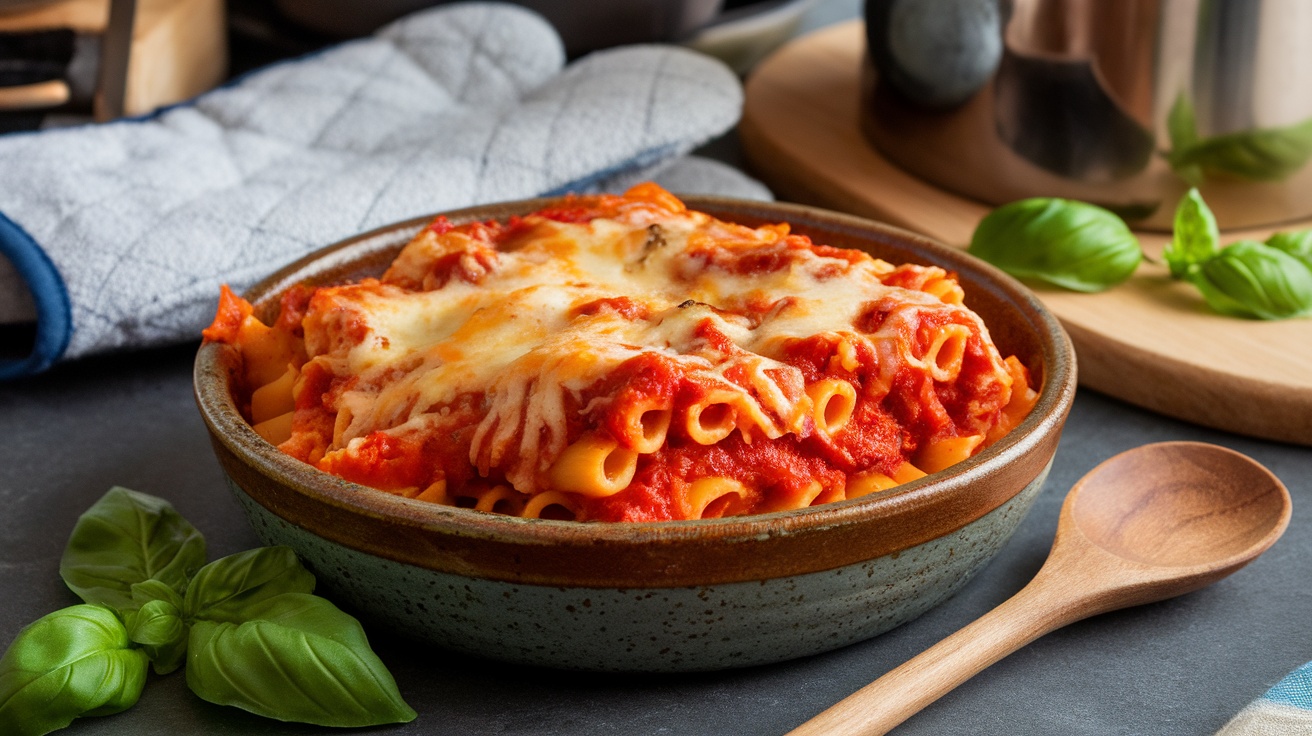 A delicious serving of vegan baked ziti with marinara sauce and melted vegan cheese, garnished with basil.