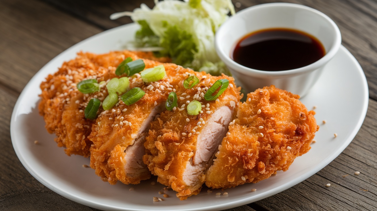 Crispy chicken katsu on a plate with tamari sauce, garnished with green onions and sesame seeds.