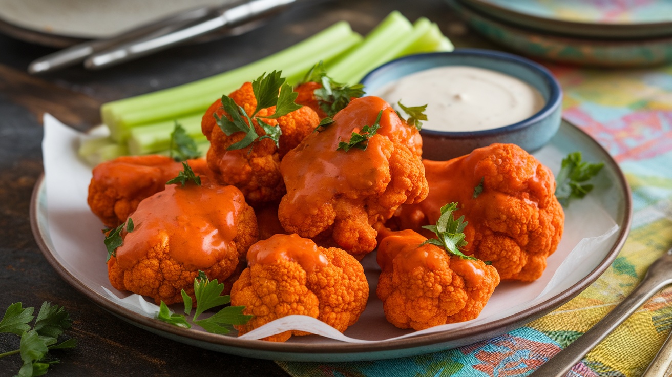 Crispy Vegan Buffalo Cauliflower Wings on a plate with celery sticks and vegan ranch dressing.