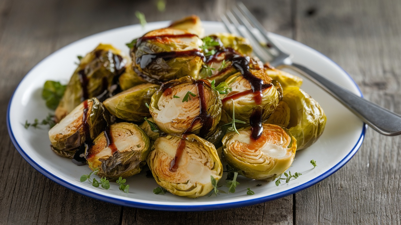 A vibrant plate of crispy roasted Brussels sprouts garnished with herbs and balsamic glaze.