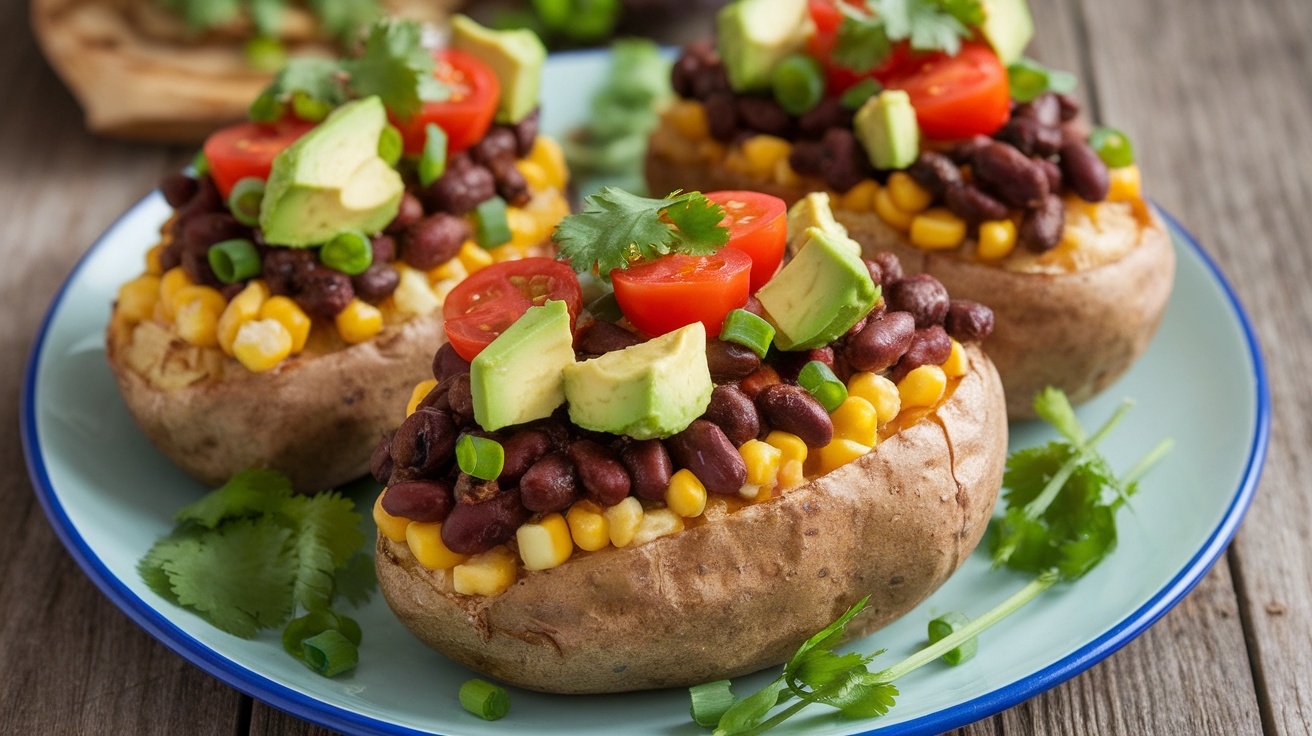 Vegan Loaded Baked Potatoes topped with black beans, corn, avocado, tomatoes, and cilantro on a wooden table.