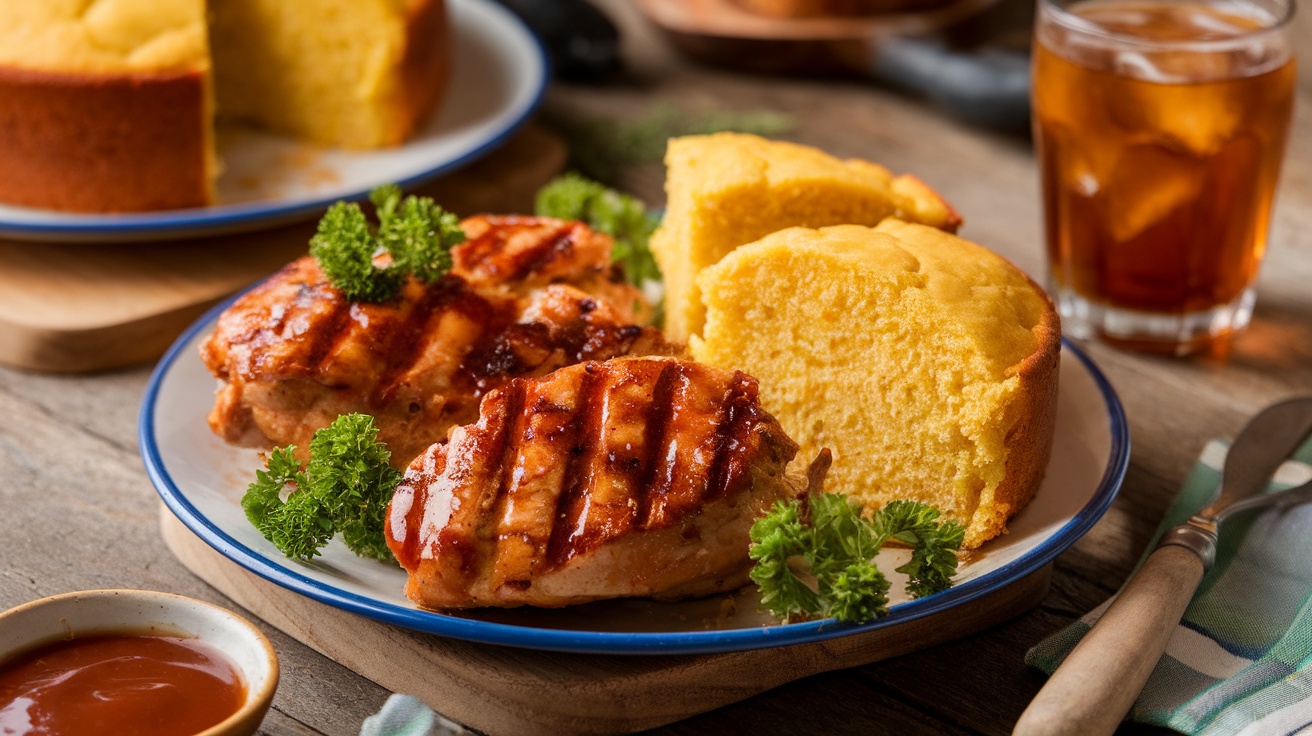 Grilled BBQ chicken with sauce, served with golden gluten-free cornbread on a rustic table.