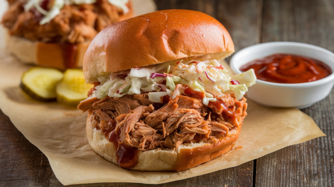 BBQ pulled chicken on gluten-free bun with coleslaw, served on wooden table.