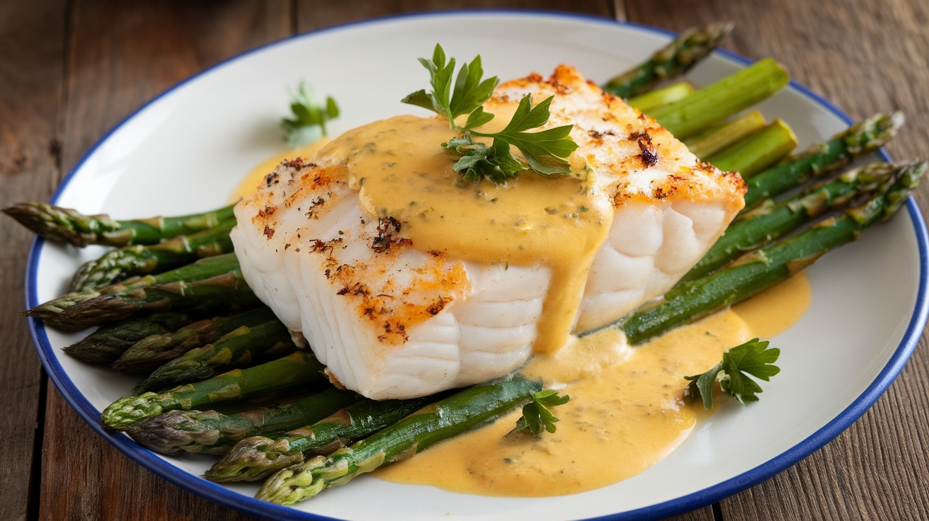 Baked cod with lemon butter sauce and roasted asparagus on a rustic table.