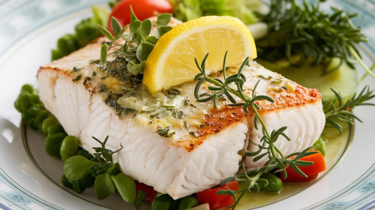 Baked halibut fillet topped with lemon herb butter, garnished with herbs and a lemon wedge, served with vegetables.