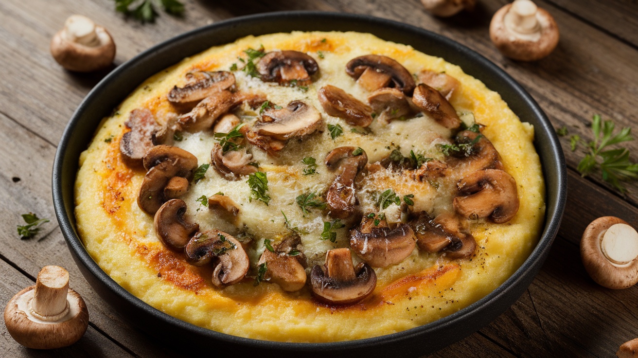 Baked polenta with mushrooms and parmesan, garnished with parsley on a rustic wooden table.