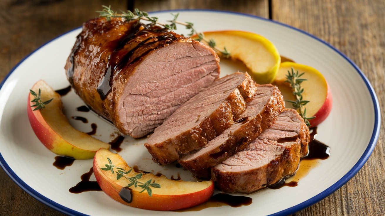 Sliced balsamic glazed pork tenderloin with caramelized apples, garnished with thyme, on a rustic wooden table.