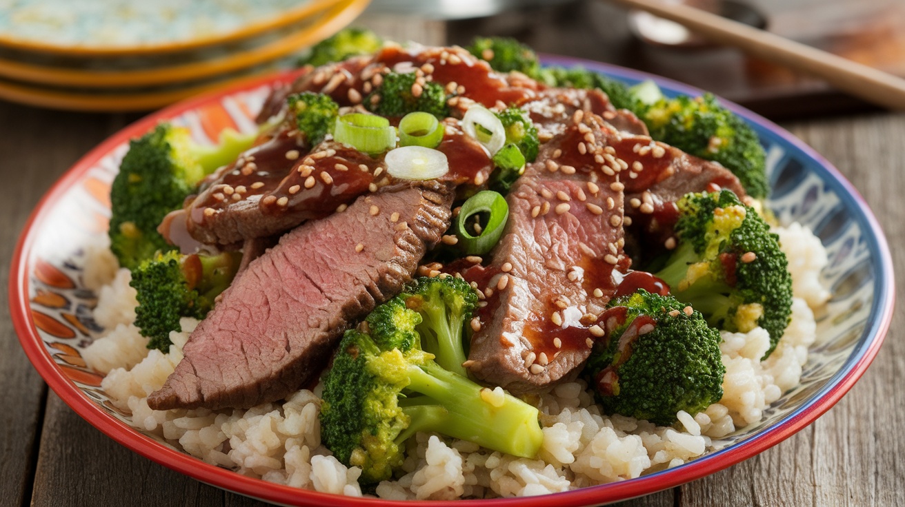 A vibrant beef and broccoli stir-fry with tamari sauce served over rice, garnished with sesame seeds and green onions.