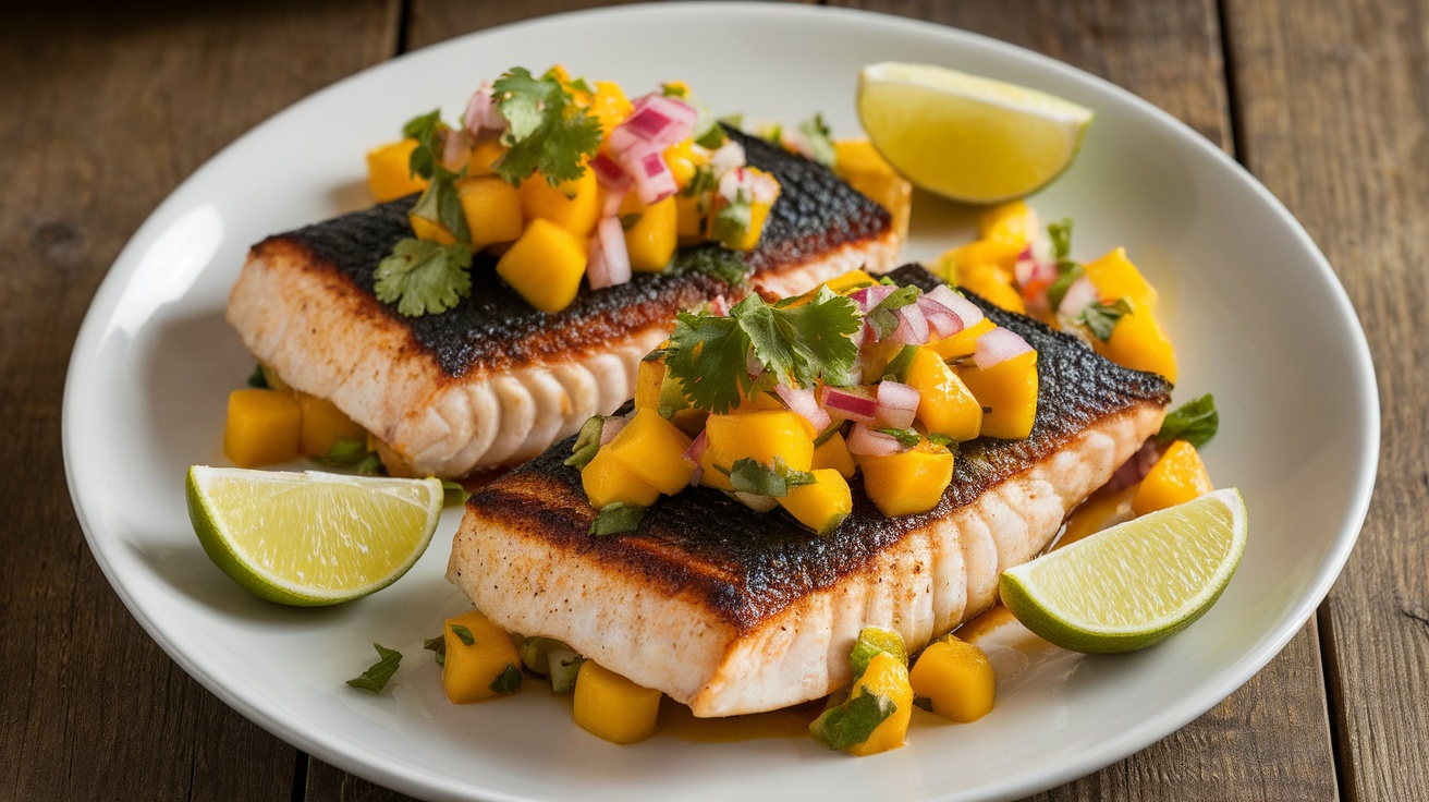 Blackened Mahi-Mahi fillets topped with mango salsa and lime wedges on a white plate.