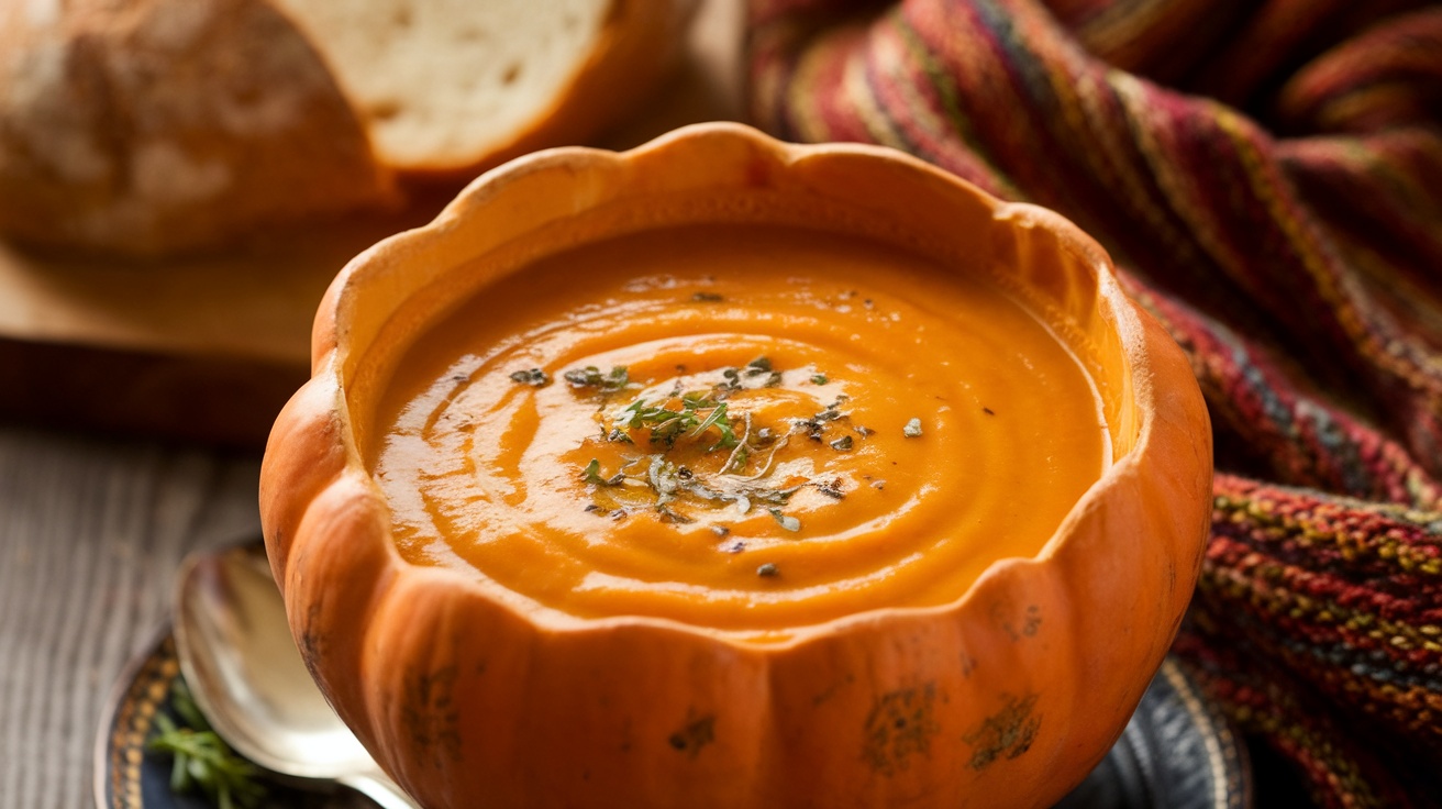 Bowl of brown butter acorn squash soup with herbs, crusty bread on a rustic table.