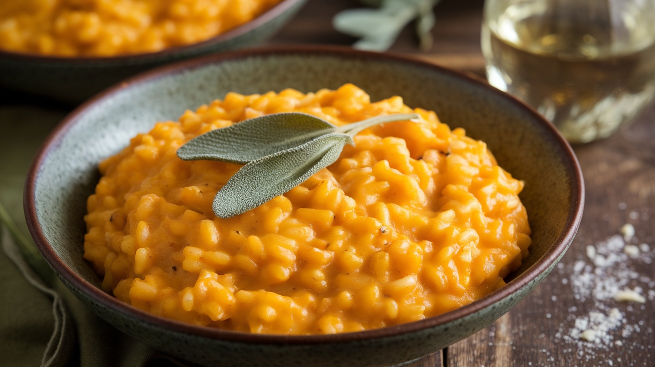 Creamy butternut squash risotto with sage in a bowl, garnished with fresh herbs and served with a glass of wine.