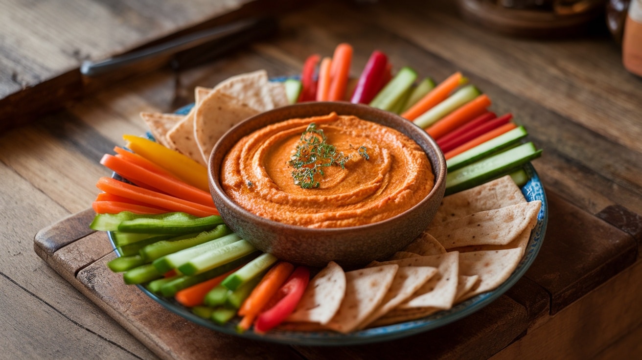 A bowl of Carrot-Tahini Dip with fresh veggie sticks and pita chips on a rustic table.