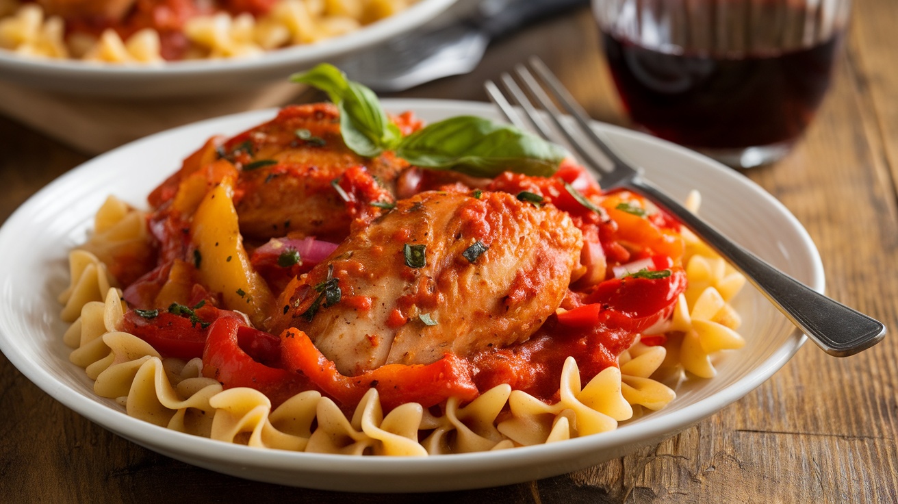 A plate of Chicken Cacciatore with gluten-free pasta, garnished with basil, on a rustic table with red wine.