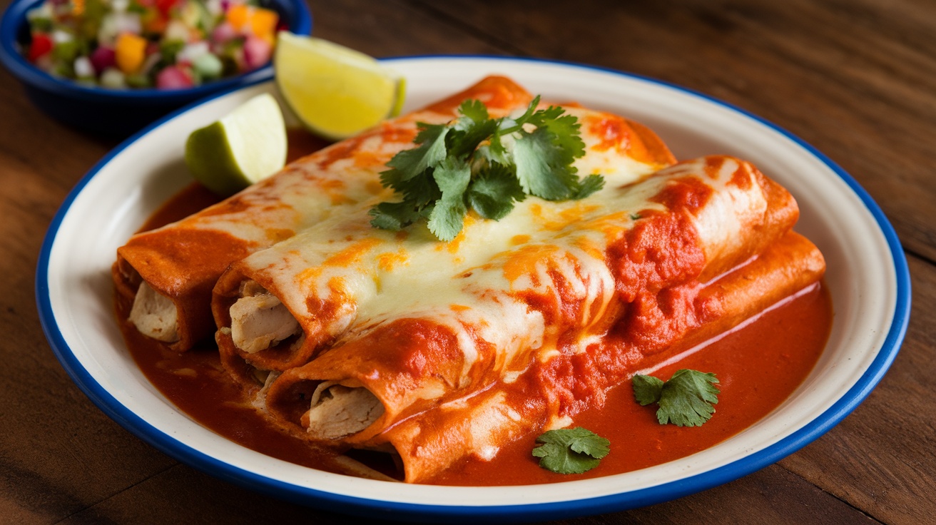 Chicken enchiladas with cheese and cilantro in red sauce on a rustic table.