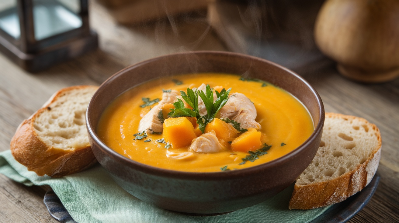 A bowl of Chicken and Butternut Squash Soup garnished with parsley, served with crusty bread.