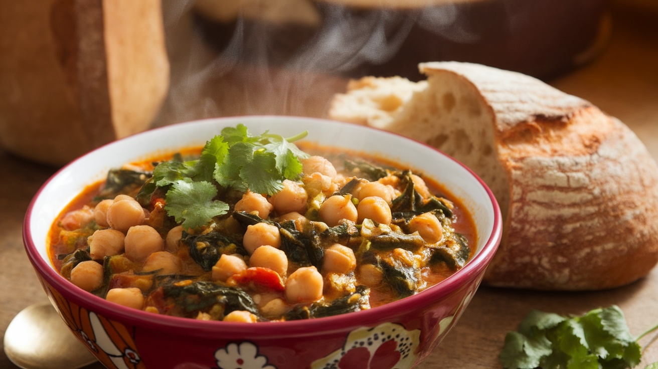 A bowl of chickpea and spinach stew garnished with cilantro on a wooden table with bread.